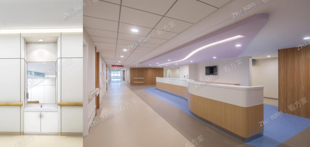 护士站设计成折线的形式，方便患者和家属及探视者能够在第一时间找到位置。