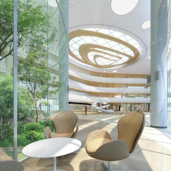 门诊大厅顶面采用椭圆形玻璃透光顶的处理方式，通过日照分析，顶面遮阳措施，既满足医疗空间的功能需求，又兼具美观性。