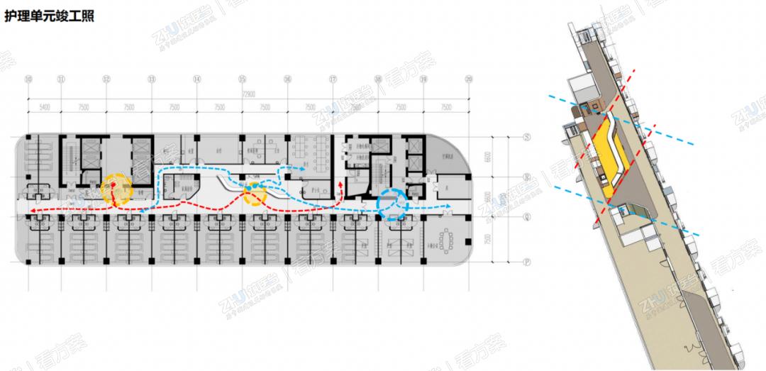 护理单元采用标准模块化的设计手法，便于施工与后期的统一维护。