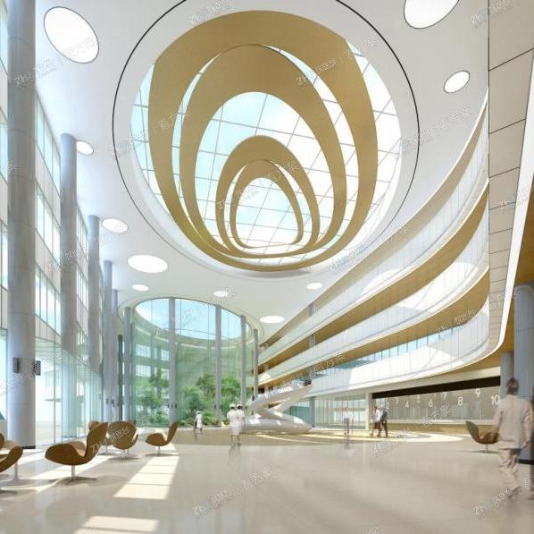 门诊大厅面积较大，挑空层高较高，空间又有大面积玻璃幕墙与室外相融和，在设计中插入玻璃弧型采光景观中庭，充分体现园林式医疗空间。