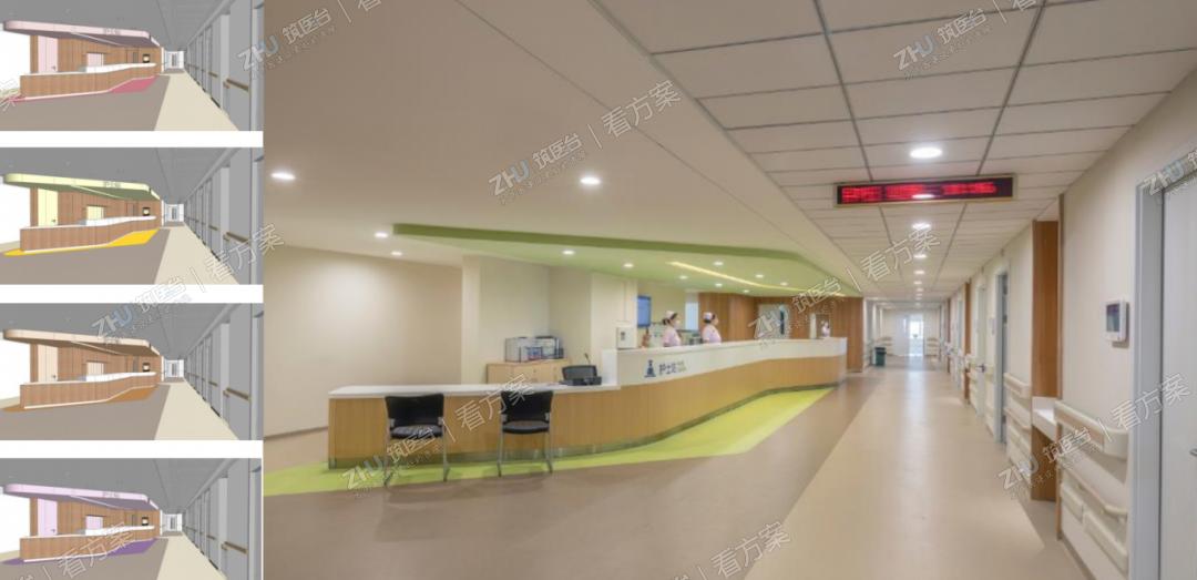 色彩上从病人心理学角度出发，各层各科室的护士站色彩根据特有属性调整变化，增强识别性，营造美观、高效便捷的医疗环境。