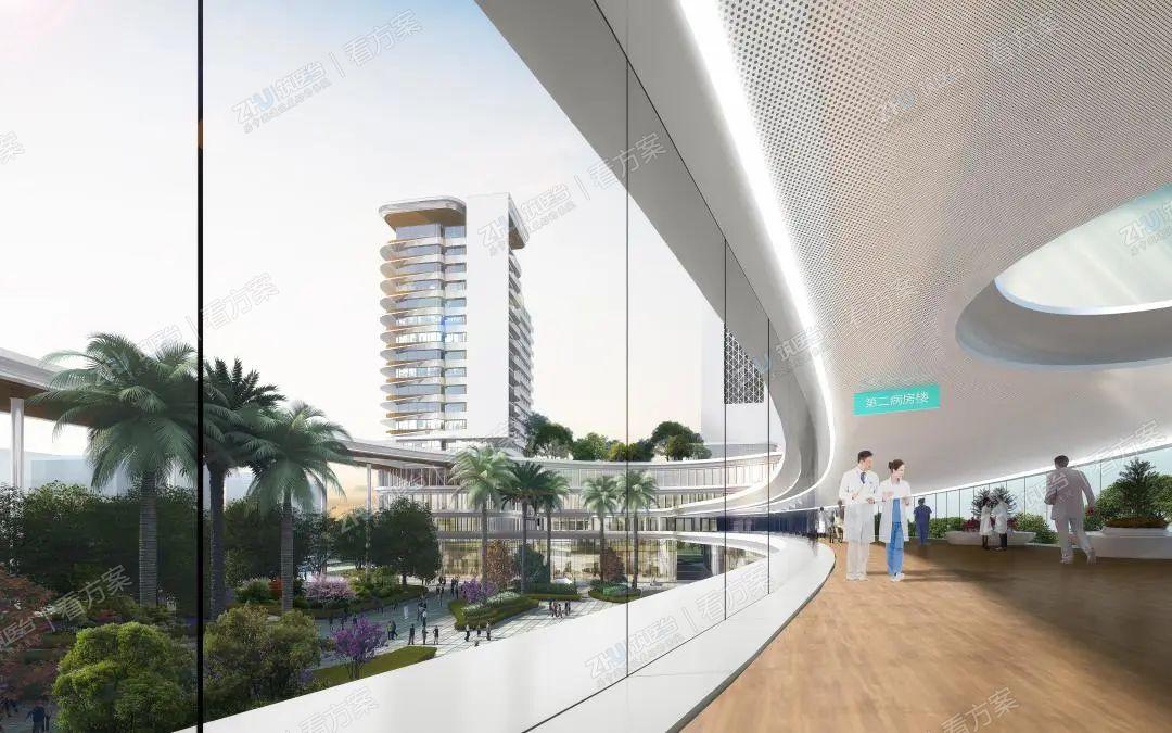 连接现有医技楼及第一住院楼的连廊，此角度眺望开阔前广场