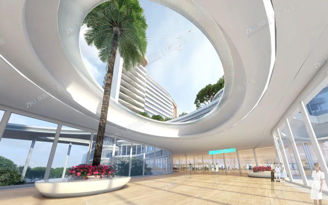 新建医技楼与第一住院楼之间的生命连廊，嵌入圆形天窗，从天窗可以看到第二住院楼及新建住院楼