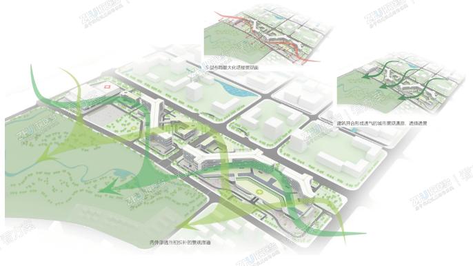 通过集约布局，在毗邻应急救援中心的附近腾出大块集中绿化，布置直升机停机坪，辅以市政管线接口打造“医疗白地”，最大程度满足平疫转换和公共卫生紧急事件、群死群伤突发事件的急诊急救与危重症治疗。