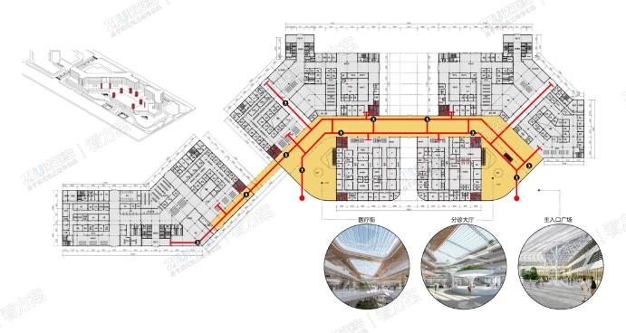 方案设计以病人为中心、以最短路径为原则，采取“医疗街+联系廊”的医疗交通系统。