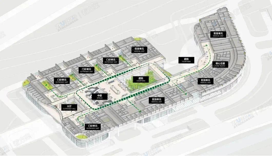 规划建筑群外观呈微弧形向北侧笆斗山打开，如同张开双臂状拥抱自然绿化，将城市景观纳入怀抱。建筑内部形成L形景观轴线，场地东侧景观与江景向场地内部渗透。