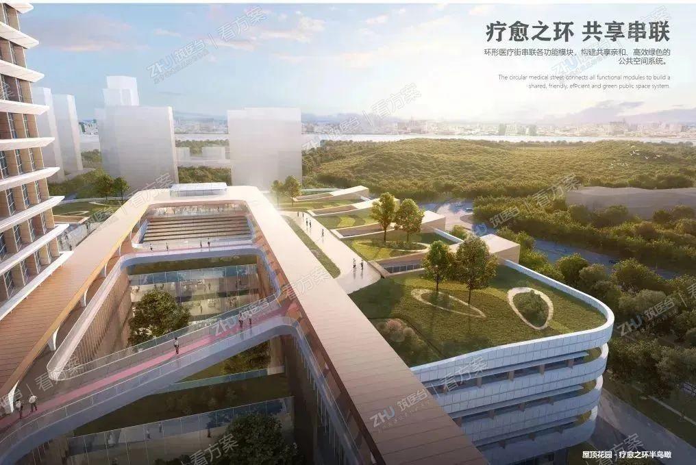 建筑设计围绕中央疗愈之环展开，通过环形医疗街串联组织各功能空间，门诊、医技、住院功能模块集中紧凑。疗愈之环串联各垂直交通，实现上环之后从地下停车到各层就诊的便捷寻路系统。