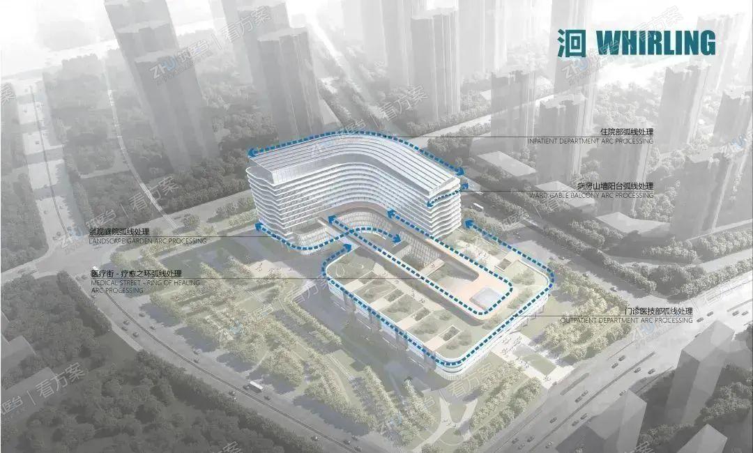 建筑造型设计以燕矶新潮为概念，整体形象在塔楼、裙楼、医疗街、景观庭院等多出运用弧线要素，圆润流转，突出潮水中“洄”的意象。