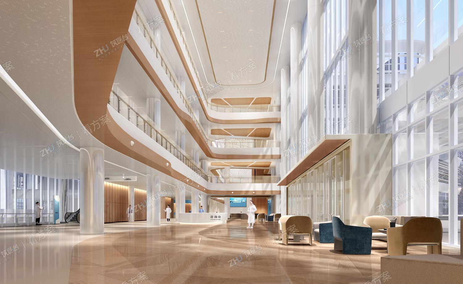 室内设计保留和强化了有序的空间主界面，在串联空间的交织节点上借助“岛”的概念，采用相对自由和灵活的柔性陈设，重视病患就医体验，完成“有限空间承载无限可能”的远期发展的设计诉求。