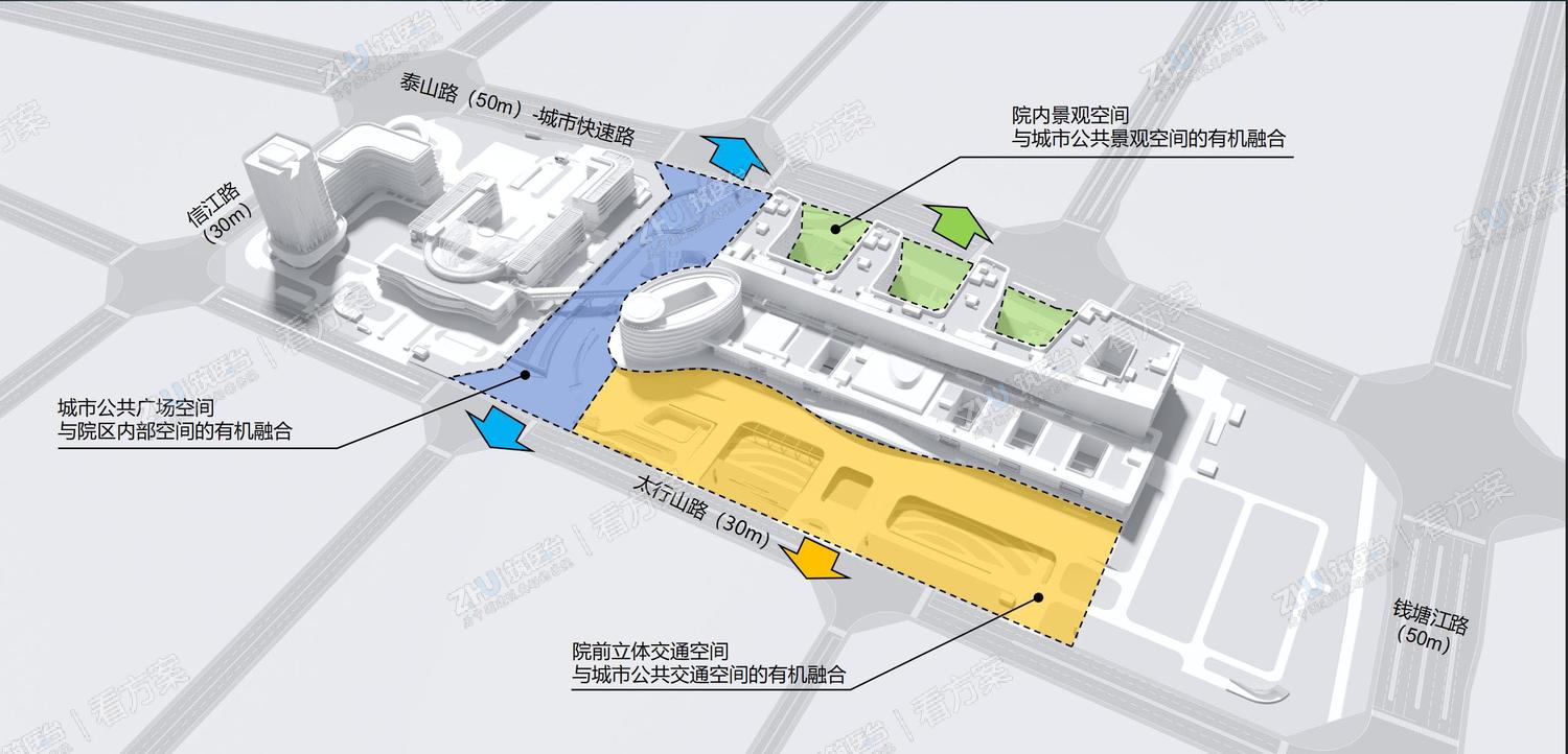 大量城市公共空间与医院内部空间融合