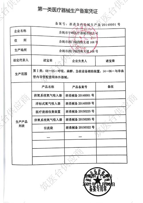 氧气吸入器、浮标吸入器、废液收集装置、引流袋 备案凭证